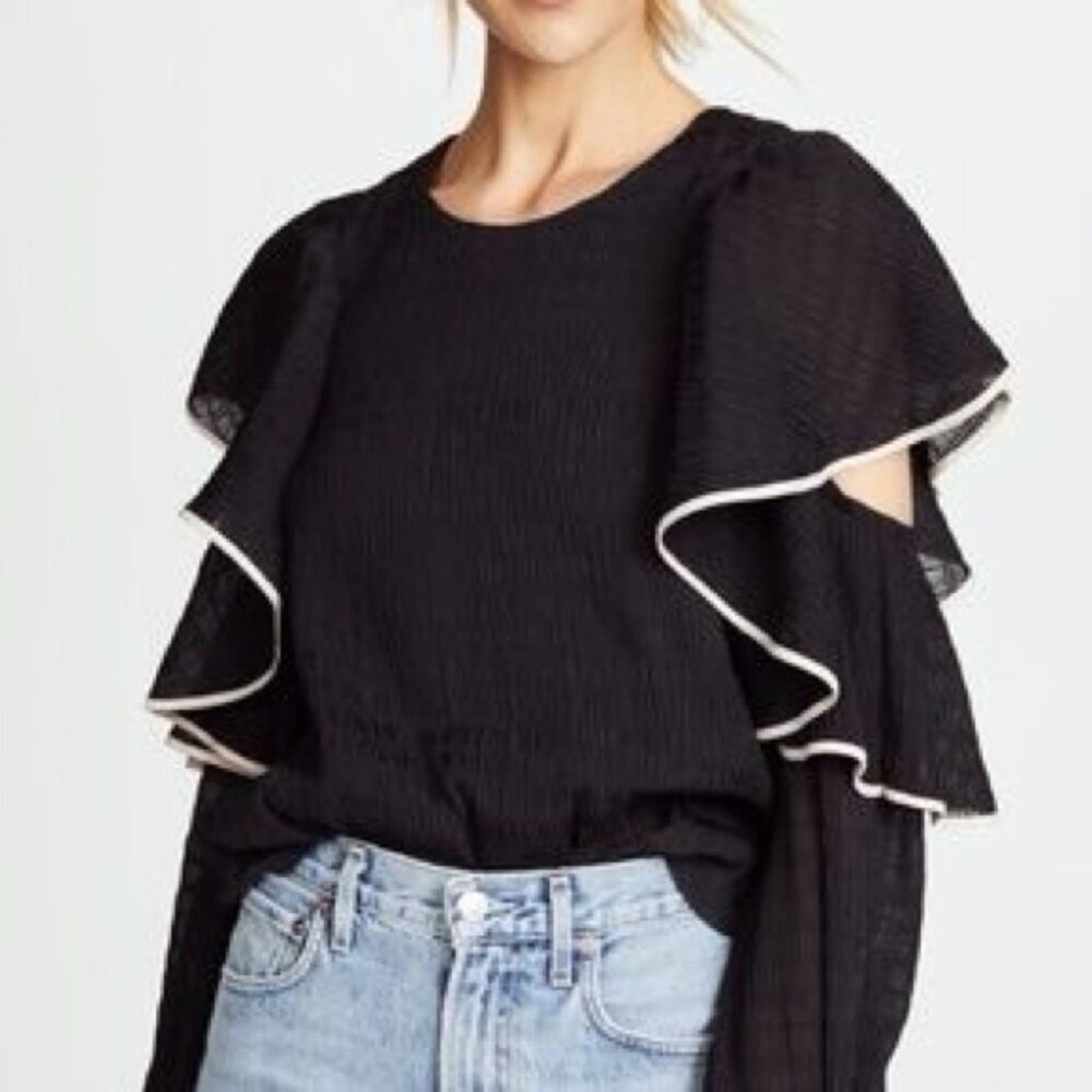 Club Monaco Ruffle-Sleeve Long Sleeve Blouse Black with White Trim – Size XS